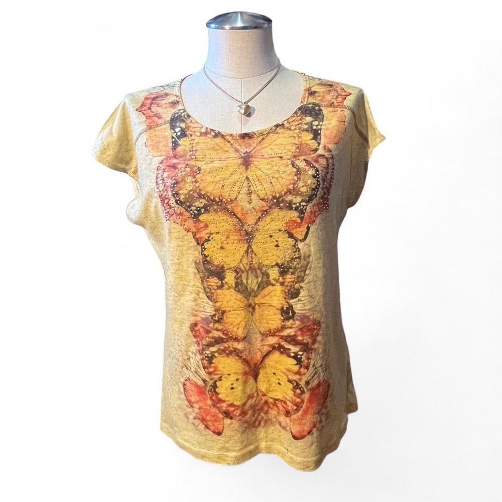 Cato Yellow and Orange Butterfly Print Women's Tee